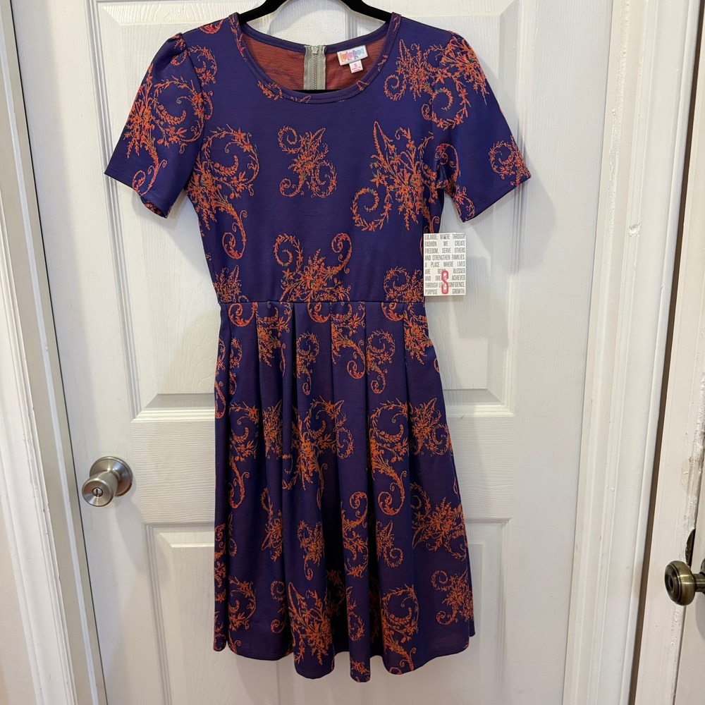 NWT LuLaRoe Amelia Dress Size S Purple Orange Paisley Jacquard Fit & Flare Zip